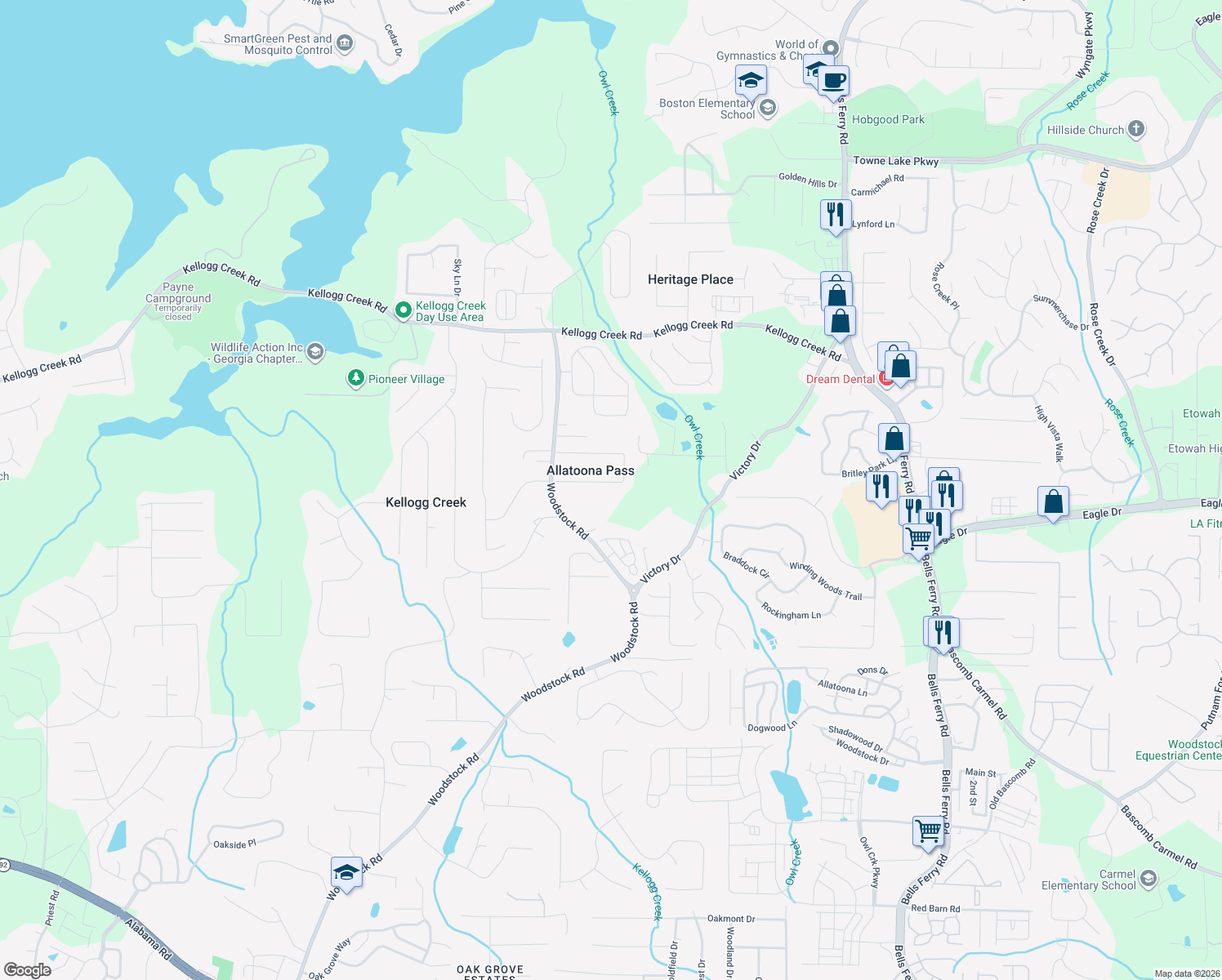 map of restaurants, bars, coffee shops, grocery stores, and more near 1704 Cumberland Trce in Acworth