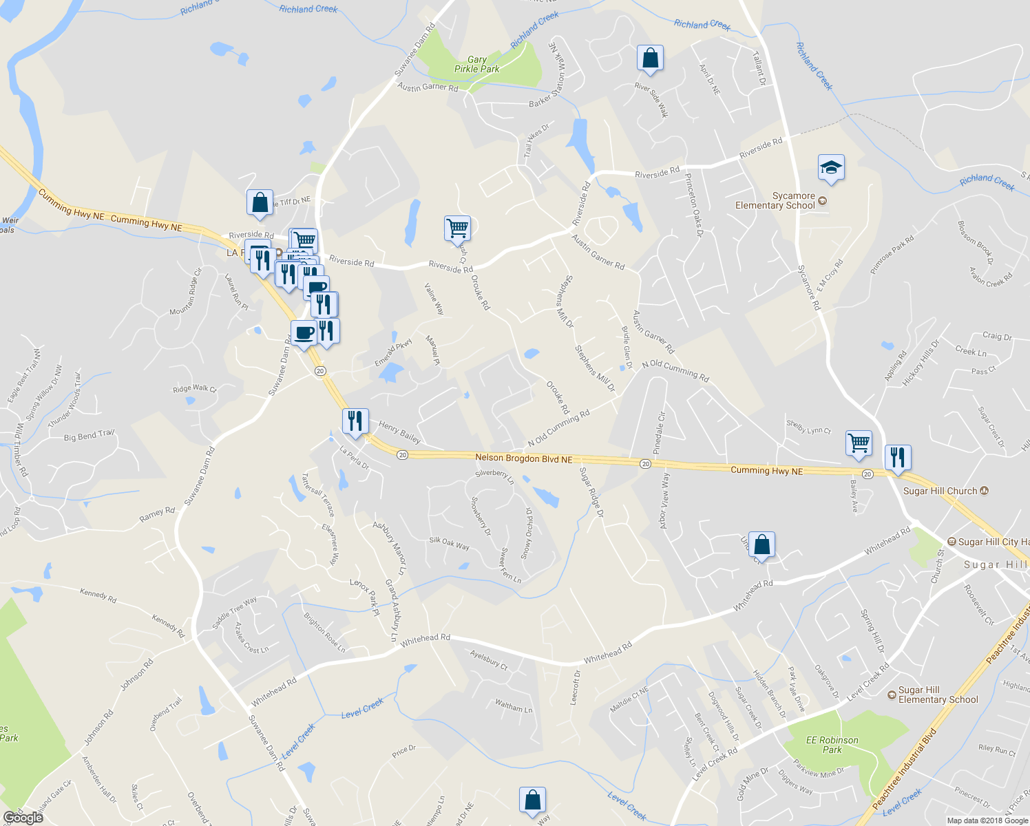 map of restaurants, bars, coffee shops, grocery stores, and more near 679 Avonley Creek Trace in Sugar Hill