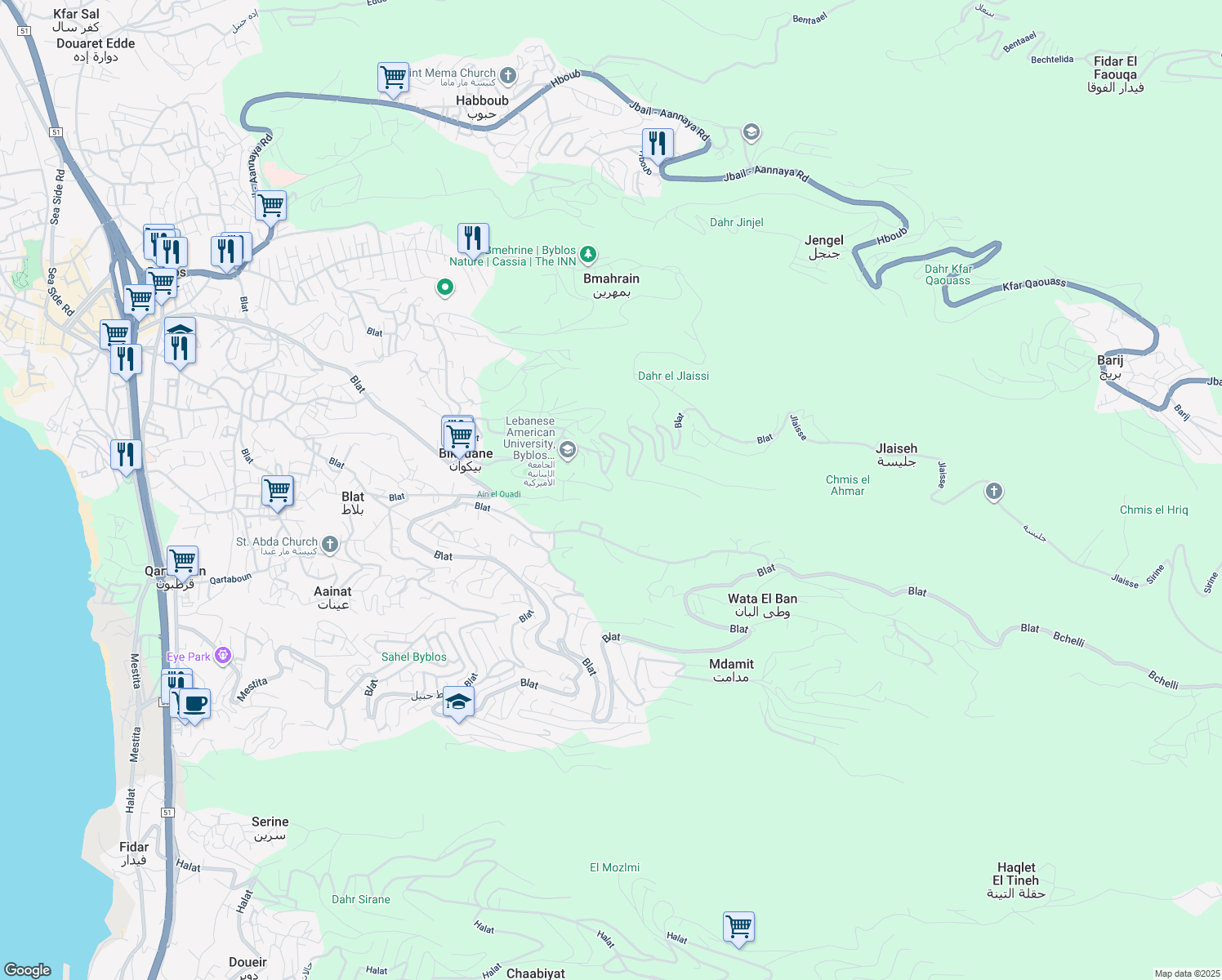 map of restaurants, bars, coffee shops, grocery stores, and more near in Blat