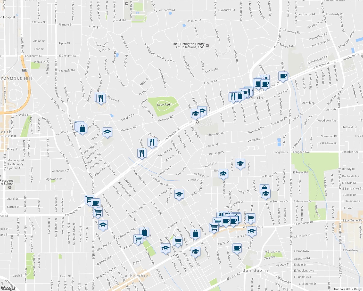map of restaurants, bars, coffee shops, grocery stores, and more near 1807 Windsor Road in San Marino