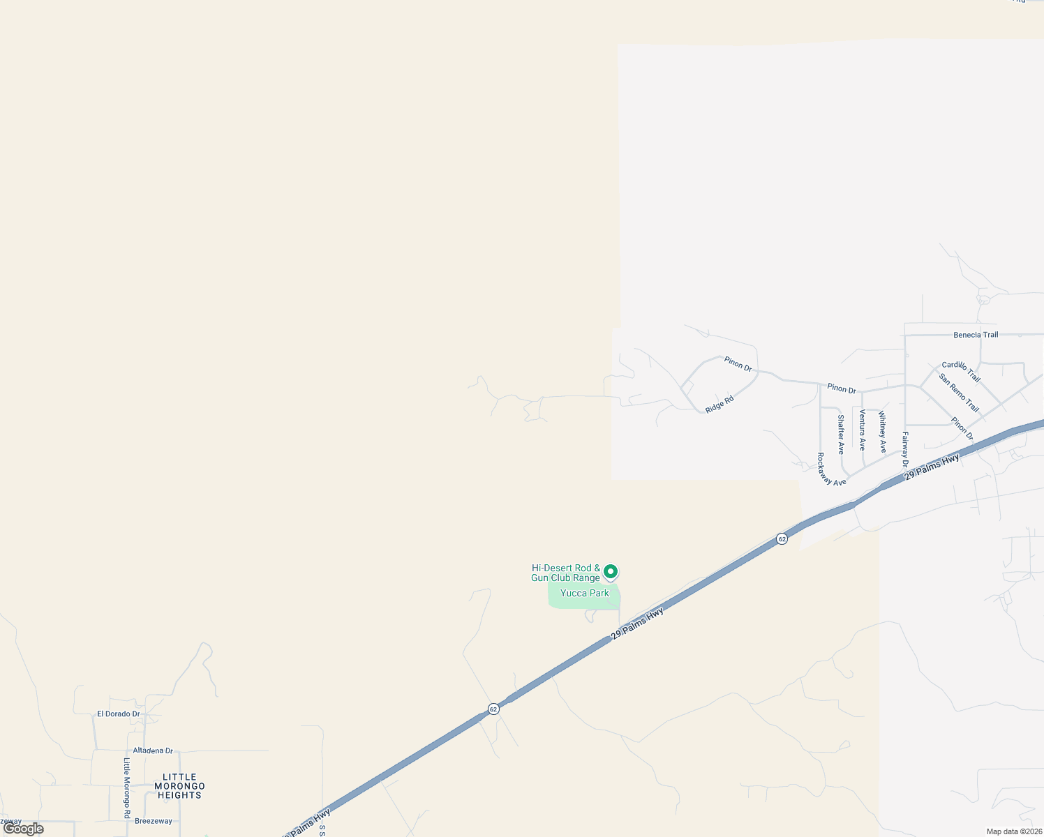 map of restaurants, bars, coffee shops, grocery stores, and more near 53560 San Jacinto Road in Yucca Valley