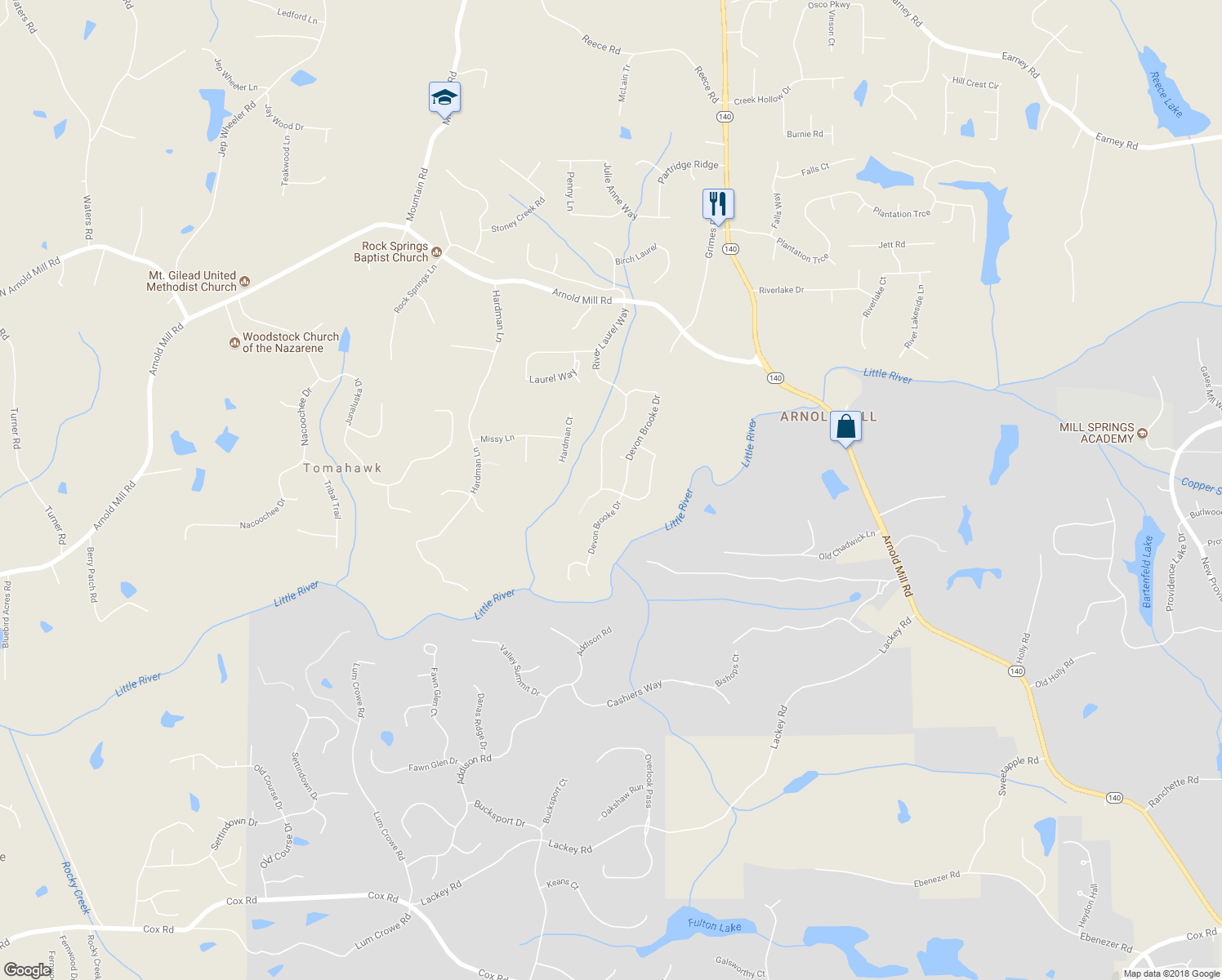 map of restaurants, bars, coffee shops, grocery stores, and more near Devon in Woodstock