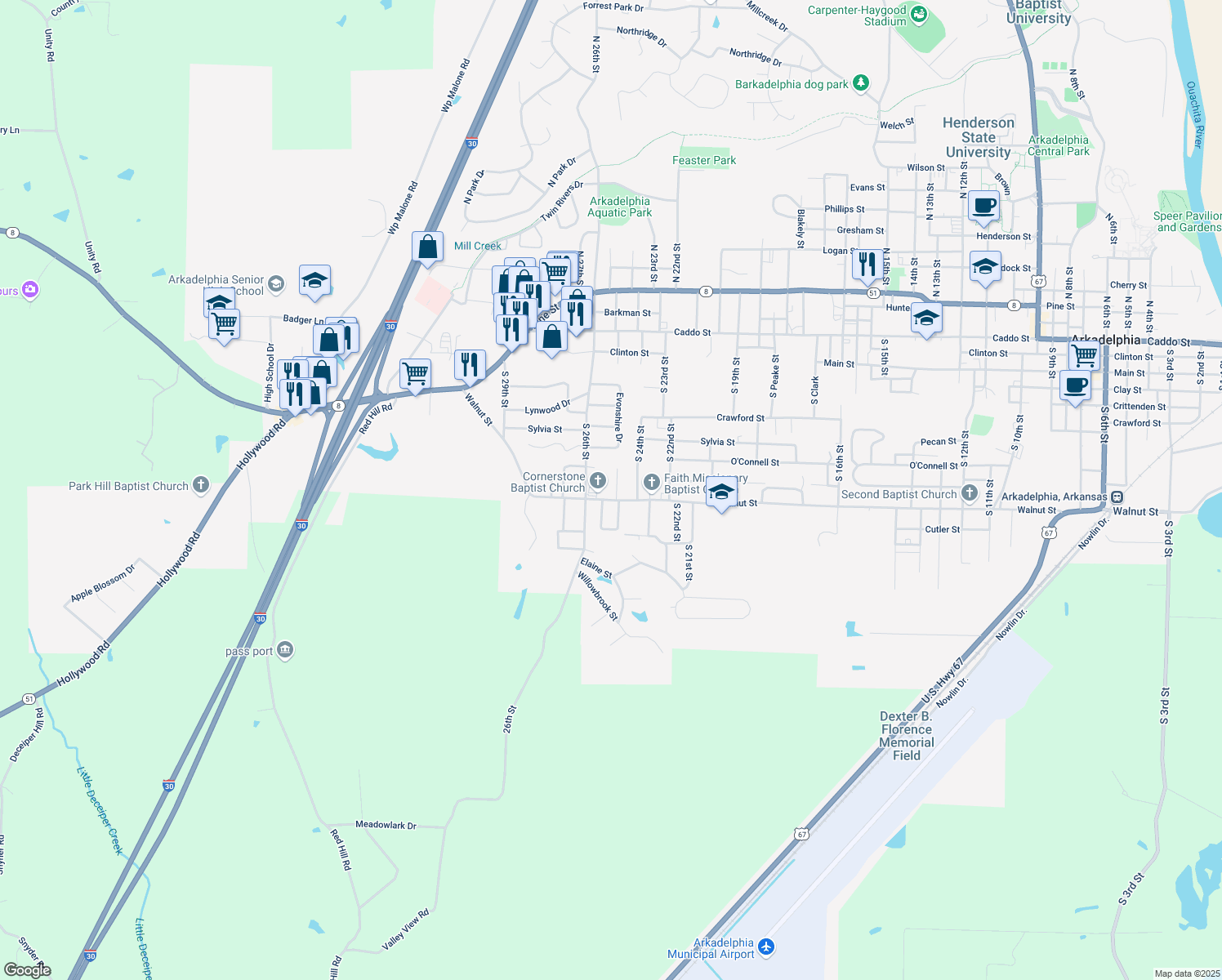 map of restaurants, bars, coffee shops, grocery stores, and more near 814 S 25th St in Arkadelphia