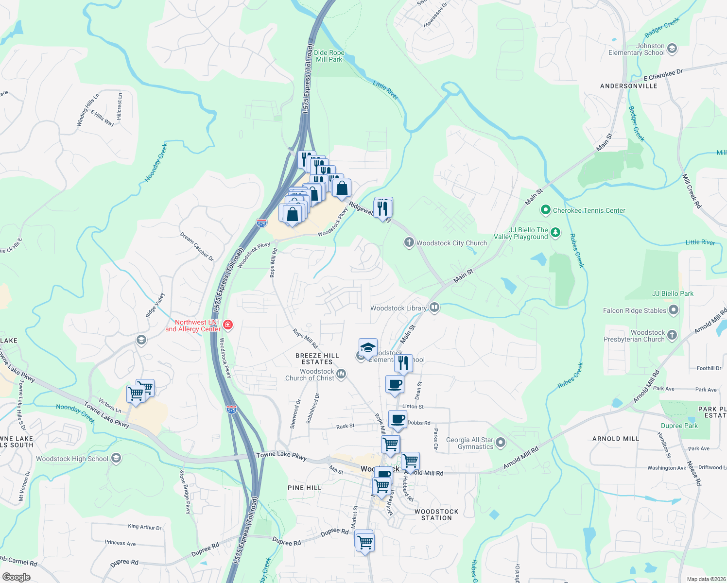 map of restaurants, bars, coffee shops, grocery stores, and more near 317 Antebellum Place in Woodstock