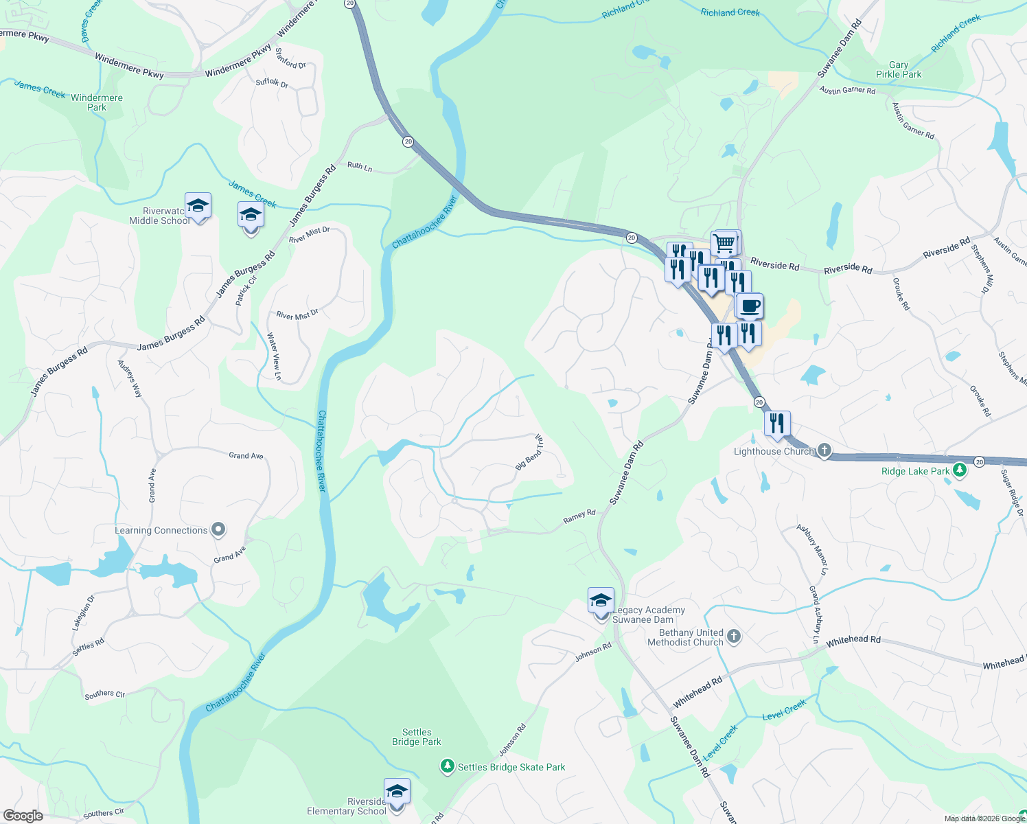 map of restaurants, bars, coffee shops, grocery stores, and more near 336 Westwater Ridge in Sugar Hill