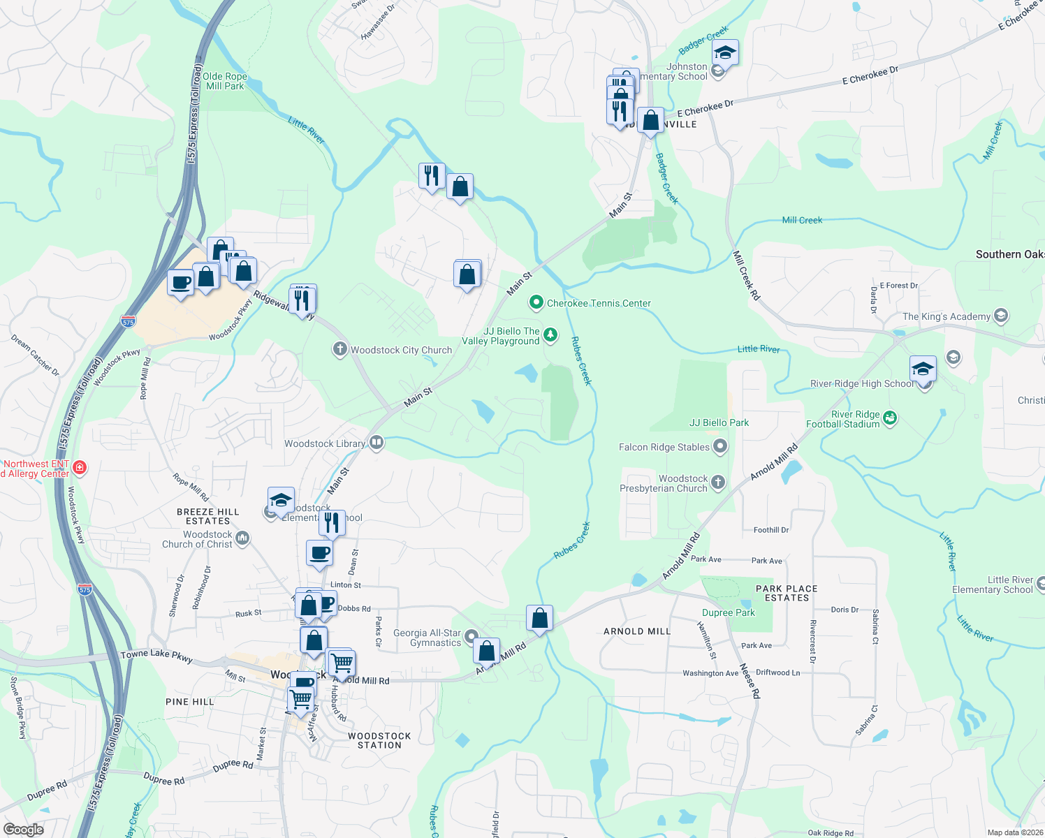 map of restaurants, bars, coffee shops, grocery stores, and more near 318 Spotted Ridge Circle in Woodstock