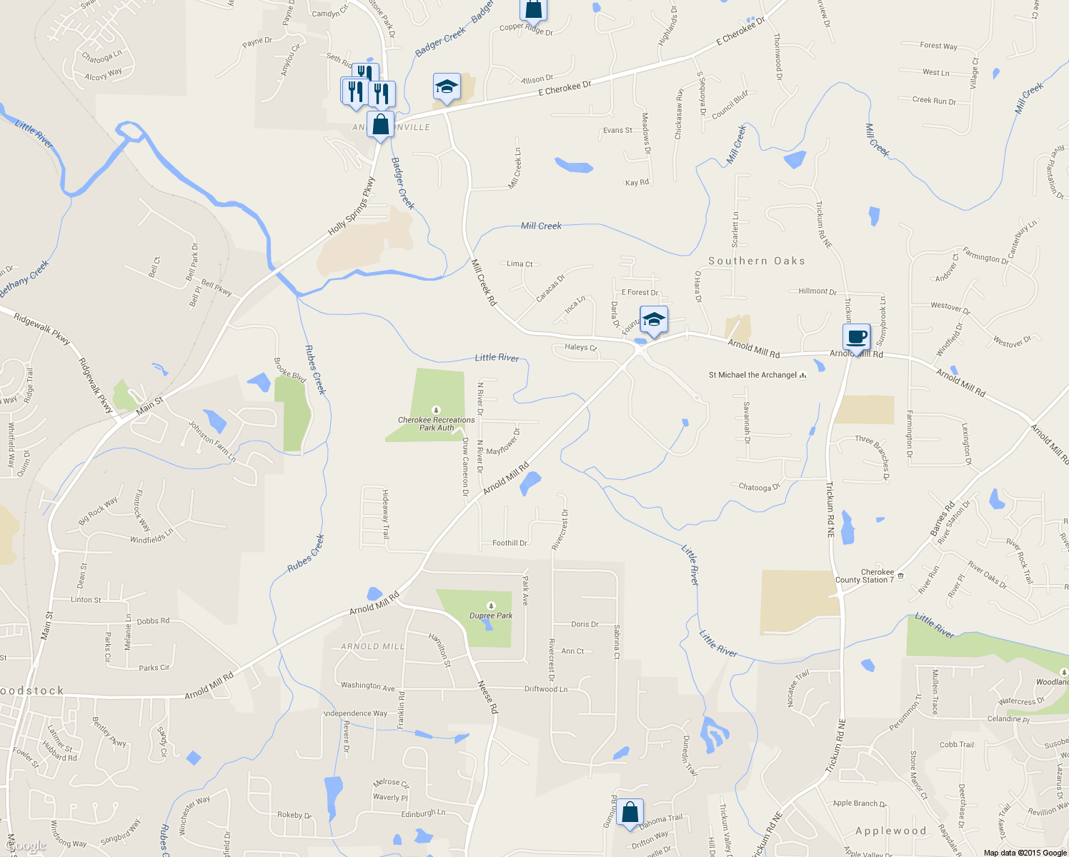 map of restaurants, bars, coffee shops, grocery stores, and more near 316 River Bluff Drive in Woodstock