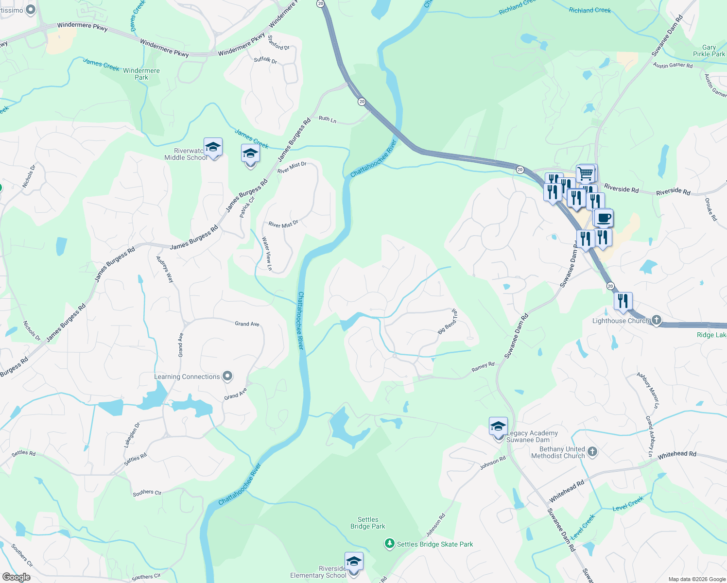map of restaurants, bars, coffee shops, grocery stores, and more near 6095 Wild Timber Road in Sugar Hill