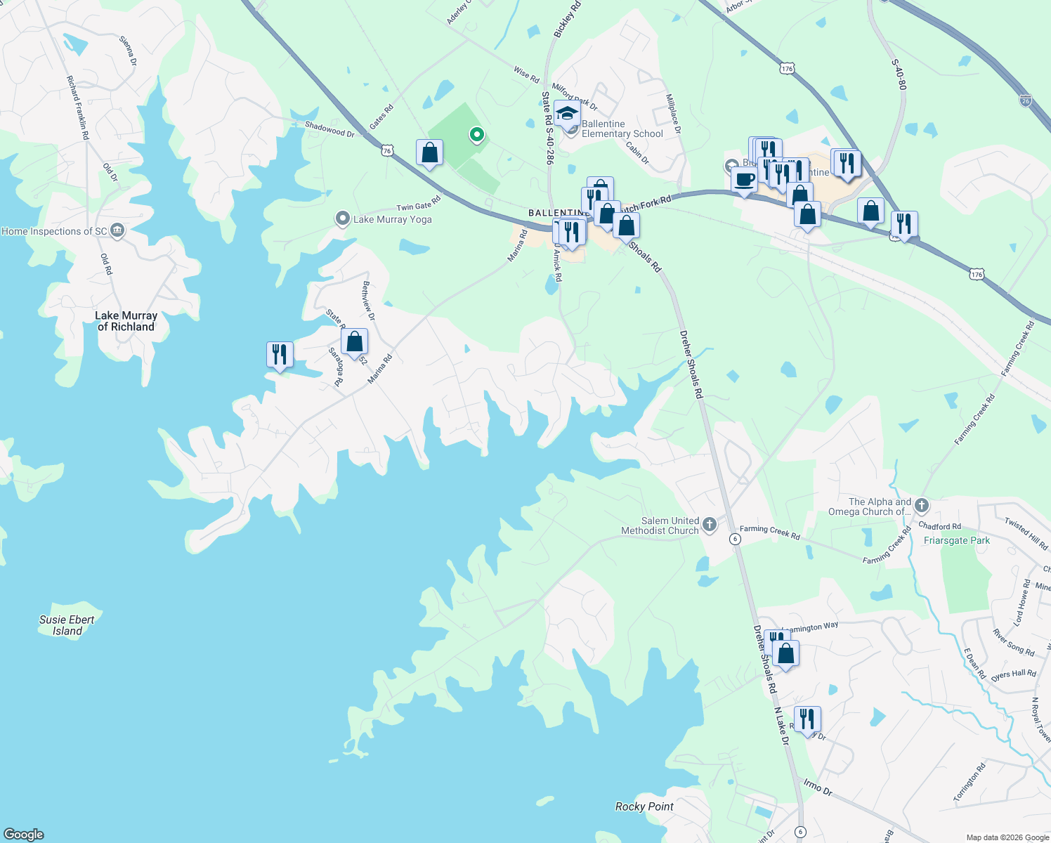 map of restaurants, bars, coffee shops, grocery stores, and more near 1053 Jones Road in Irmo