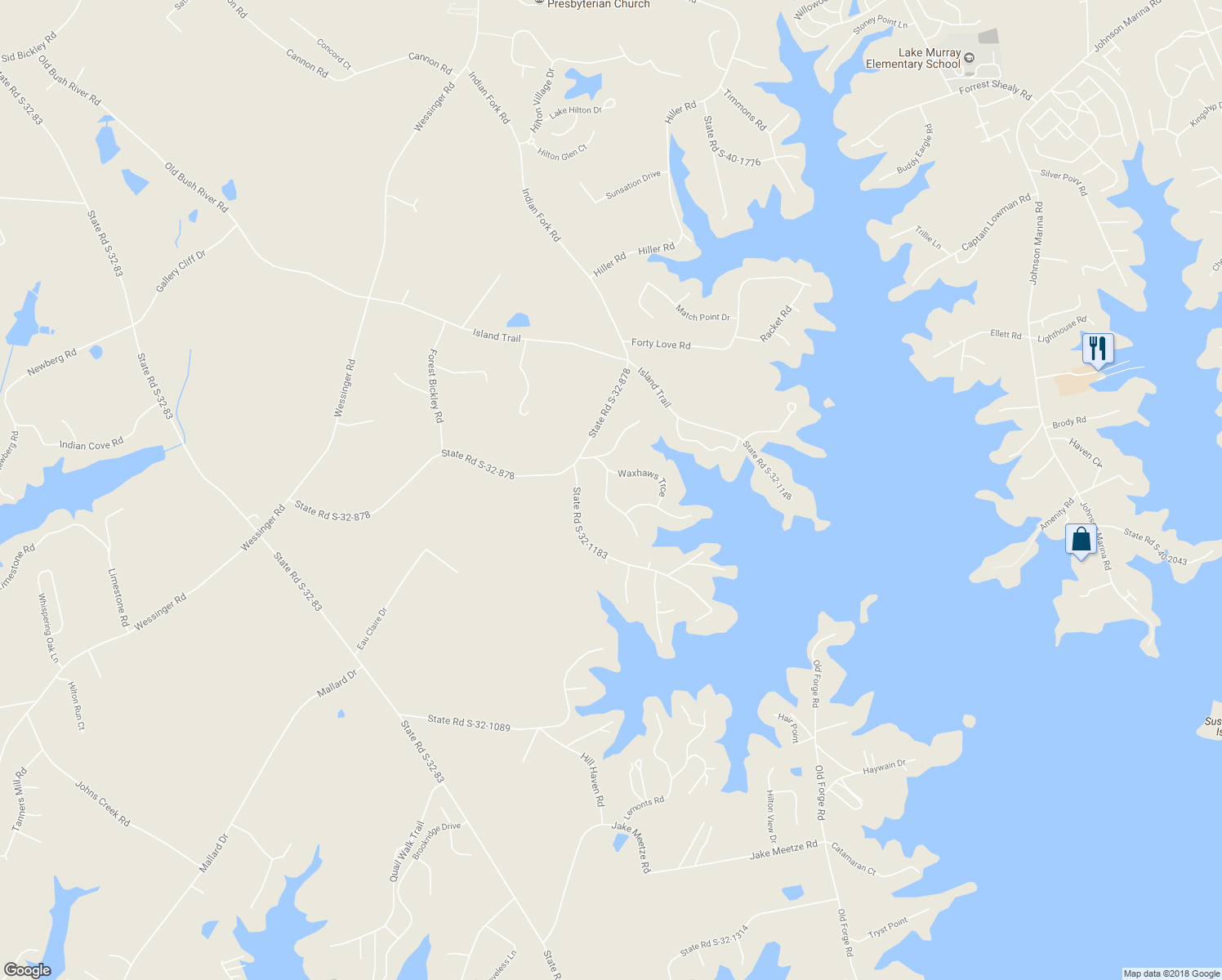 map of restaurants, bars, coffee shops, grocery stores, and more near 119 Birdsong Trail in Chapin