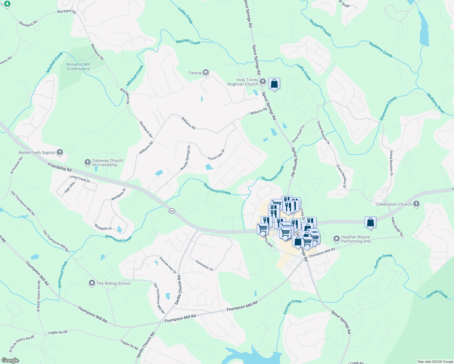 map of restaurants, bars, coffee shops, grocery stores, and more near 2117 Independence Ln in Buford