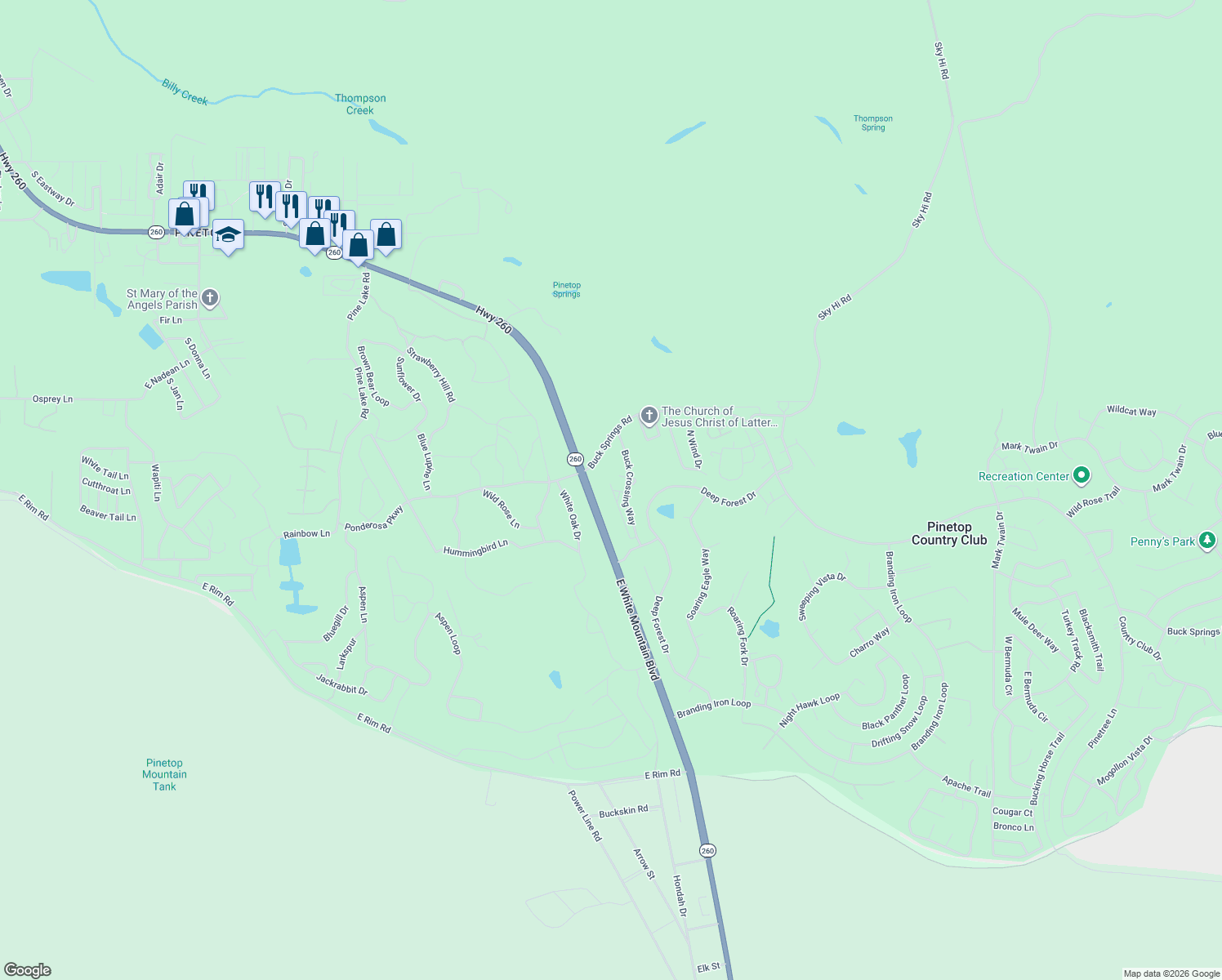 map of restaurants, bars, coffee shops, grocery stores, and more near 2892 Timber Line Road in Pinetop-Lakeside