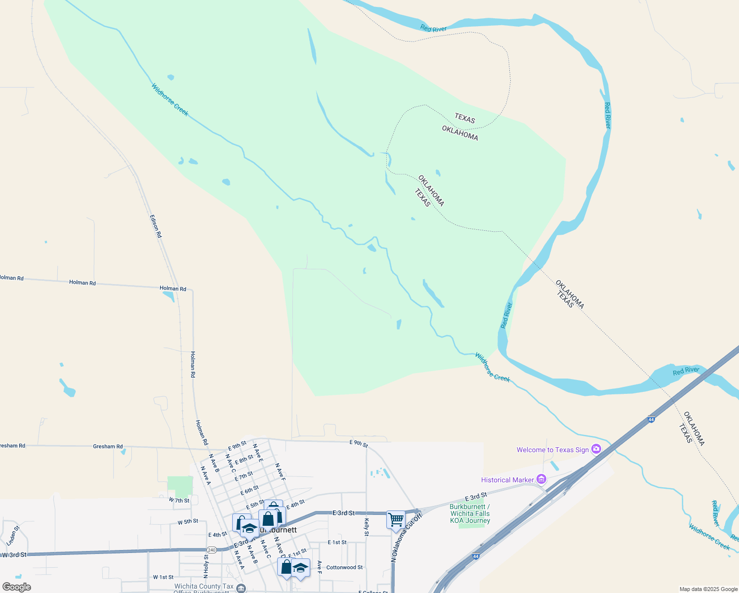 map of restaurants, bars, coffee shops, grocery stores, and more near 2273 J B Riley Road in Burkburnett
