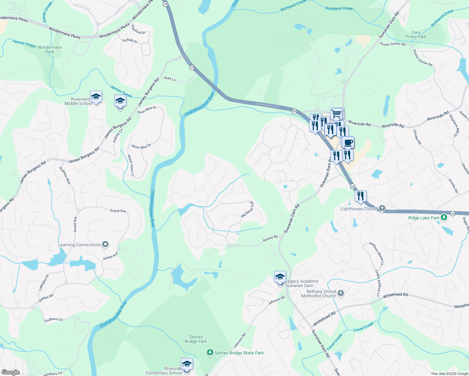 map of restaurants, bars, coffee shops, grocery stores, and more near 336 Westwater Ridge in Sugar Hill