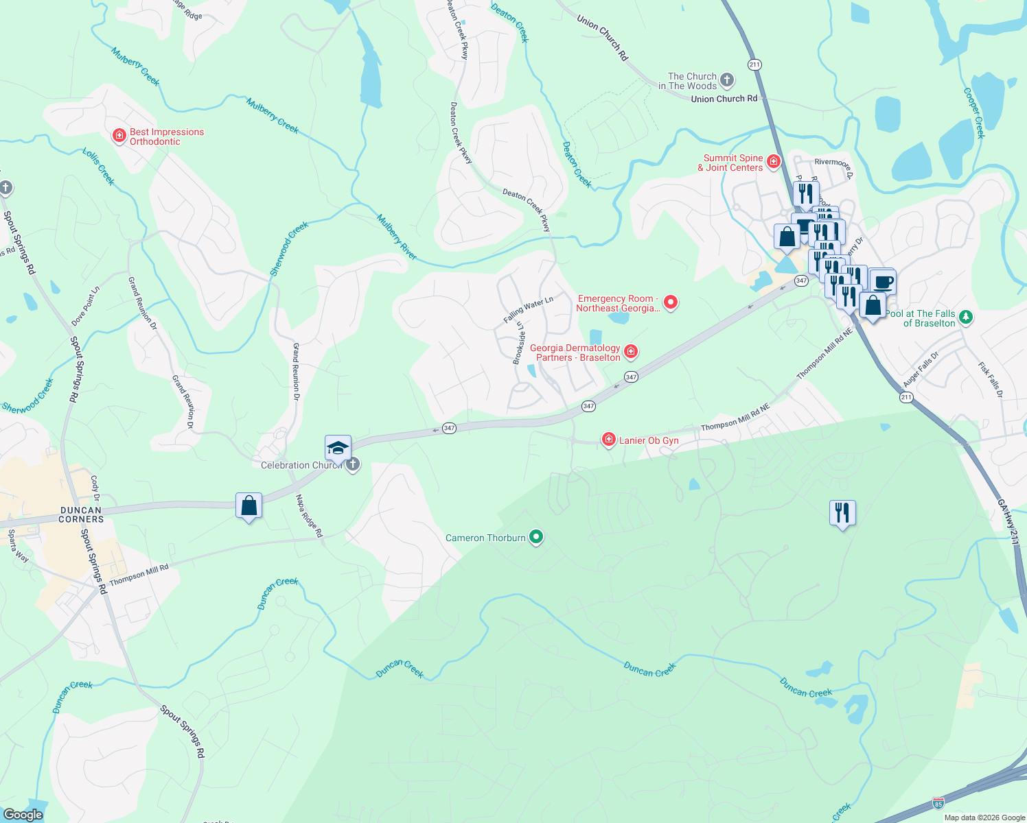 map of restaurants, bars, coffee shops, grocery stores, and more near 6409 Rockpoint Lane in Hoschton