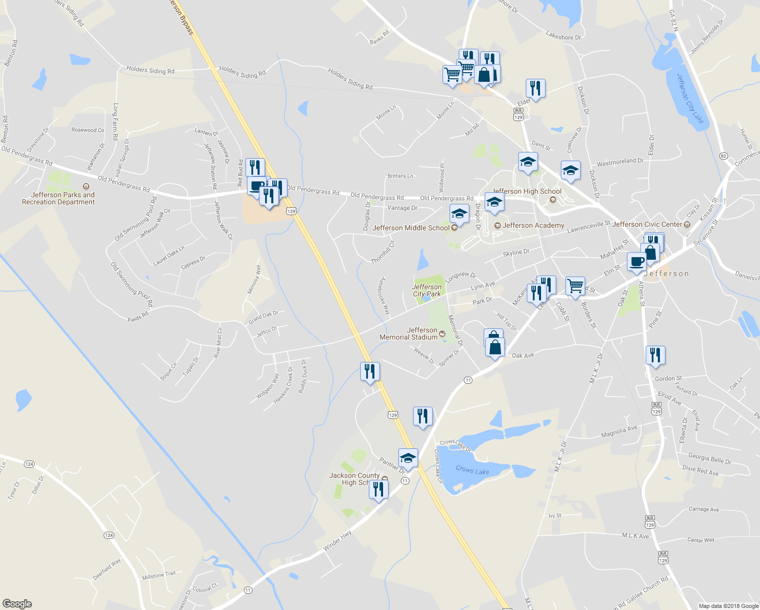 map of restaurants, bars, coffee shops, grocery stores, and more near 75 Ashebrooke Way in Jefferson
