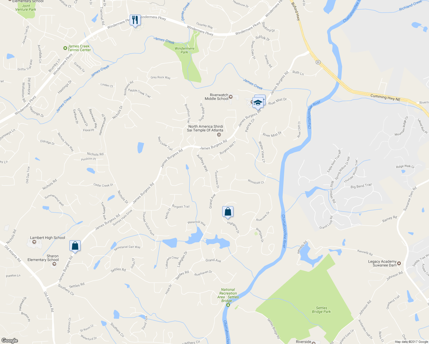 map of restaurants, bars, coffee shops, grocery stores, and more near 195 Forestview Drive in Suwanee