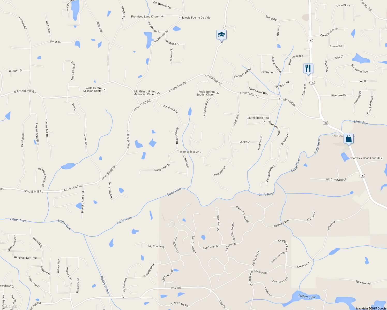 map of restaurants, bars, coffee shops, grocery stores, and more near 142 Junaluska Drive in Woodstock