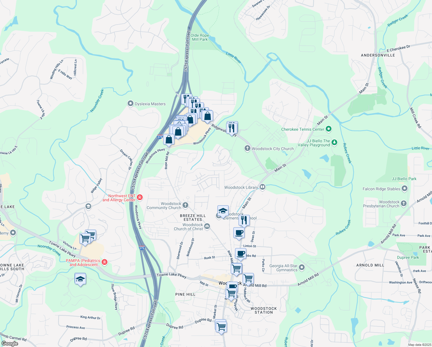 map of restaurants, bars, coffee shops, grocery stores, and more near 208 Magnolia Leaf Drive in Woodstock