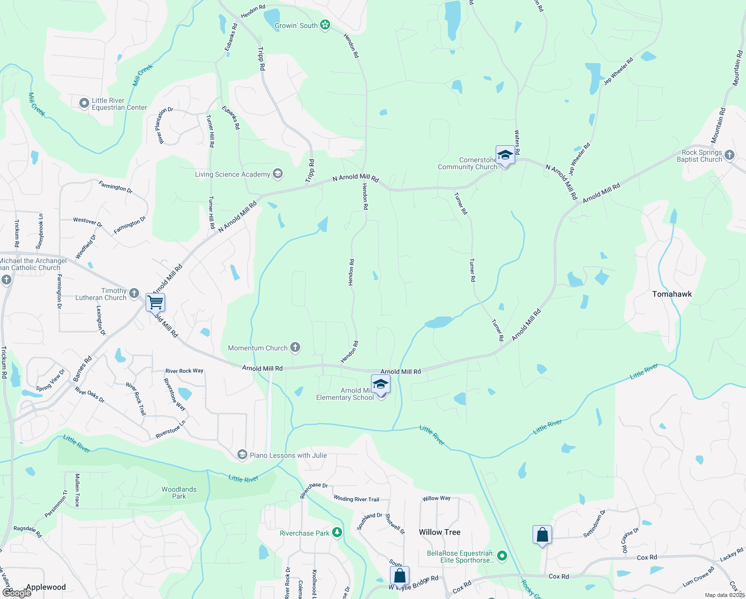 map of restaurants, bars, coffee shops, grocery stores, and more near 130 Laguna Springs Drive in Woodstock