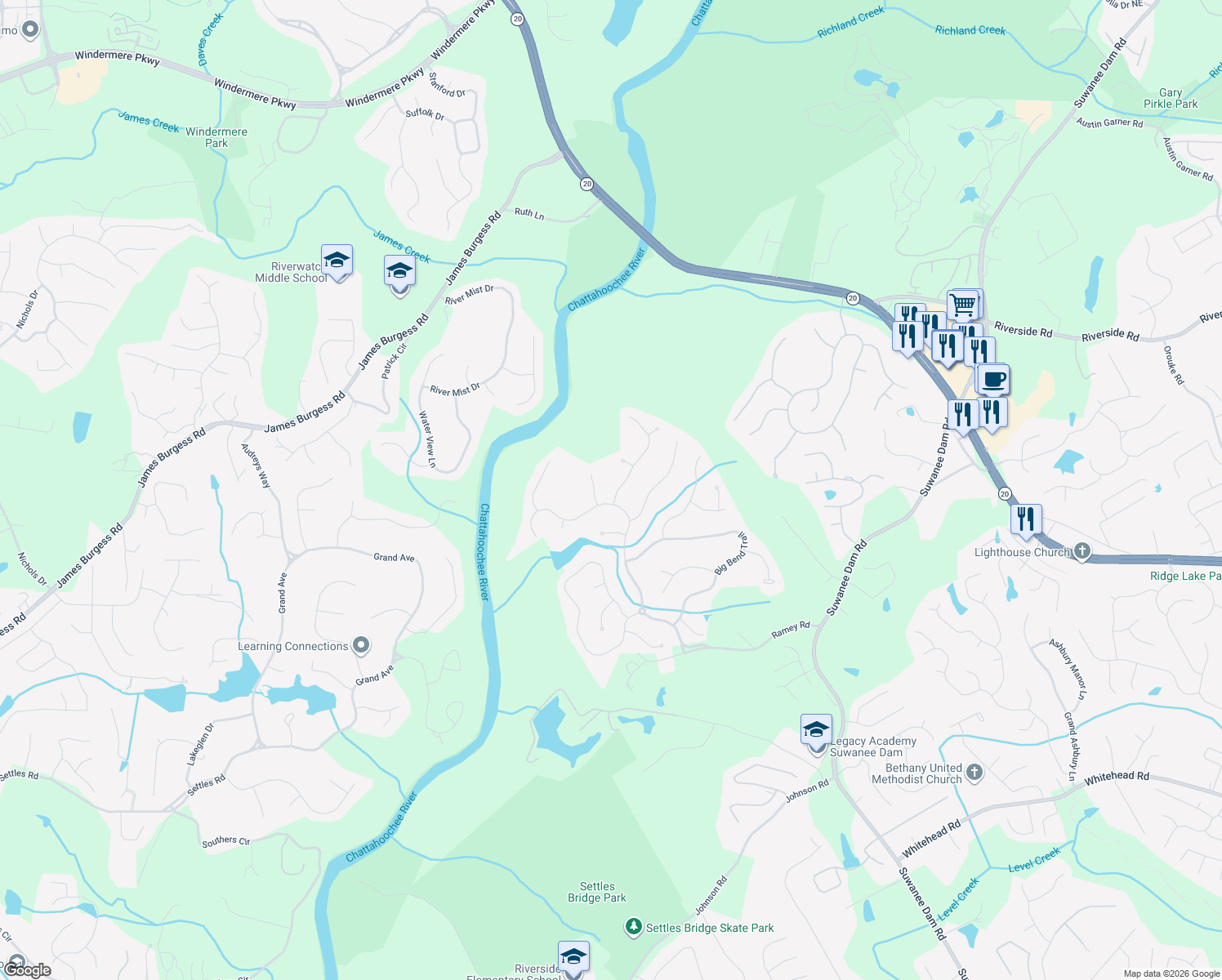 map of restaurants, bars, coffee shops, grocery stores, and more near 6018 Eagle Rest Trail Northwest in Sugar Hill