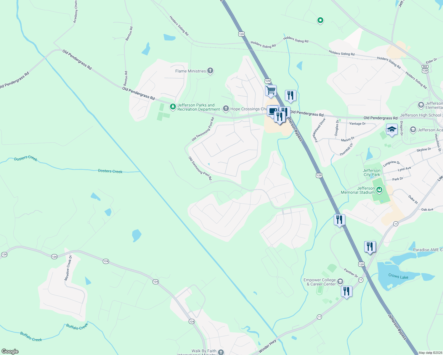 map of restaurants, bars, coffee shops, grocery stores, and more near 711 Jefferson Walk Circle in Jefferson