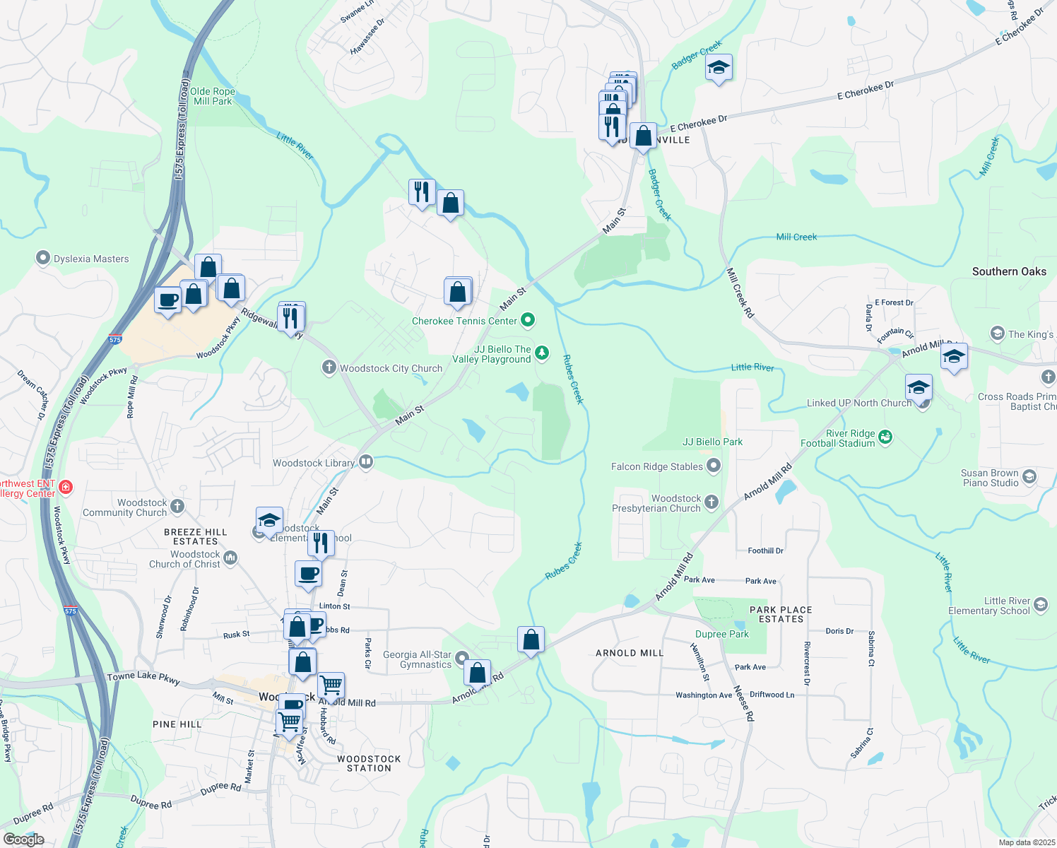 map of restaurants, bars, coffee shops, grocery stores, and more near 331 Spotted Ridge Circle in Woodstock