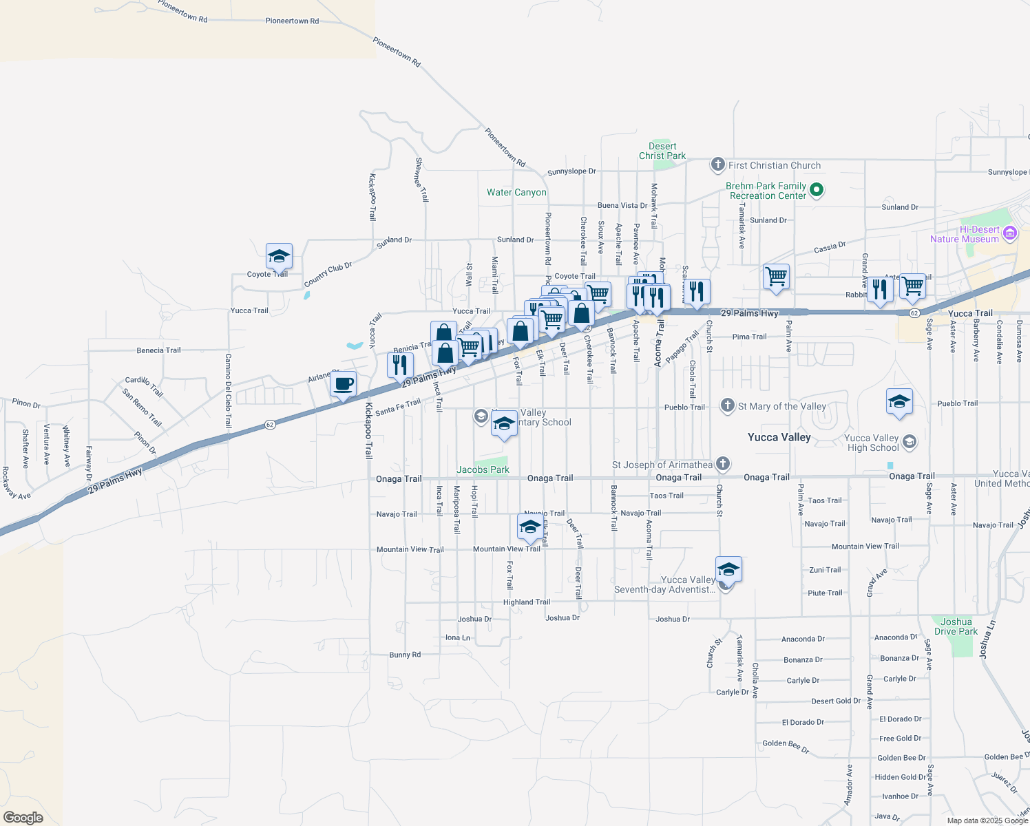 map of restaurants, bars, coffee shops, grocery stores, and more near 55725 Pueblo Trail in Yucca Valley