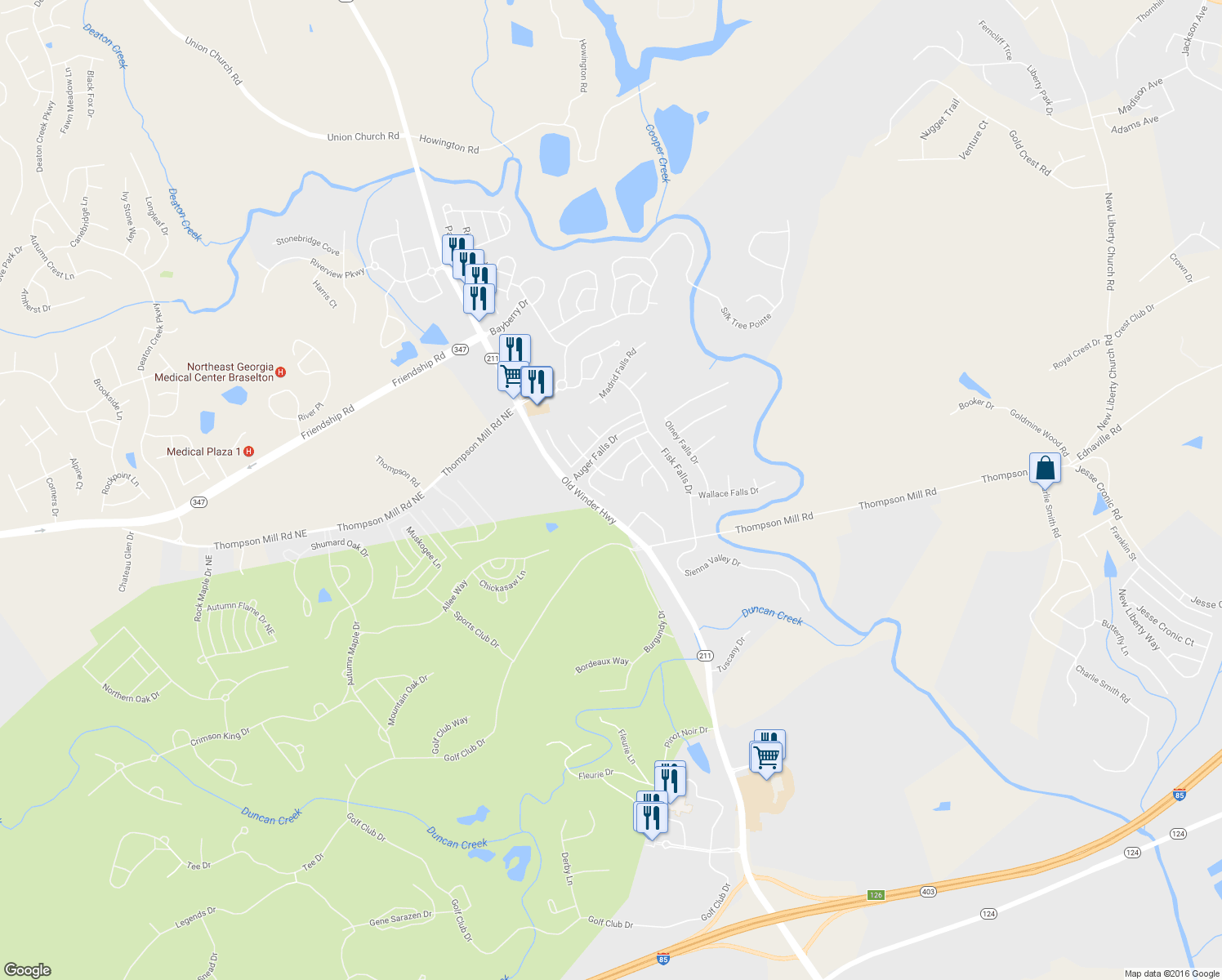 map of restaurants, bars, coffee shops, grocery stores, and more near 1512 Kilchis Falls Way in Braselton