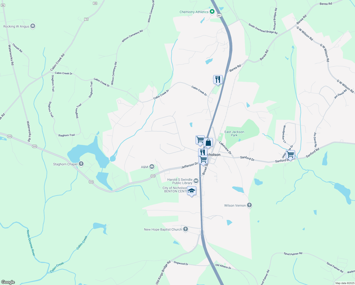 map of restaurants, bars, coffee shops, grocery stores, and more near 235 Ivy Creek Dr in Nicholson