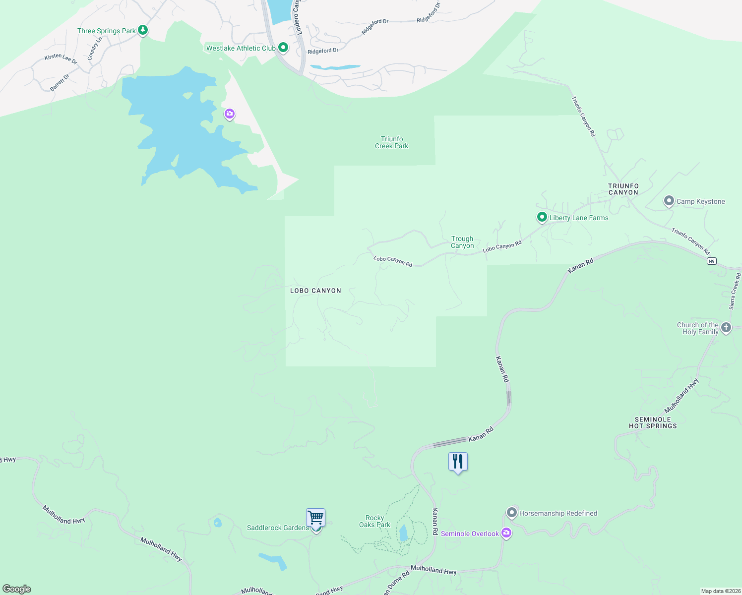 map of restaurants, bars, coffee shops, grocery stores, and more near 31830 Lobo Canyon Road in Agoura Hills