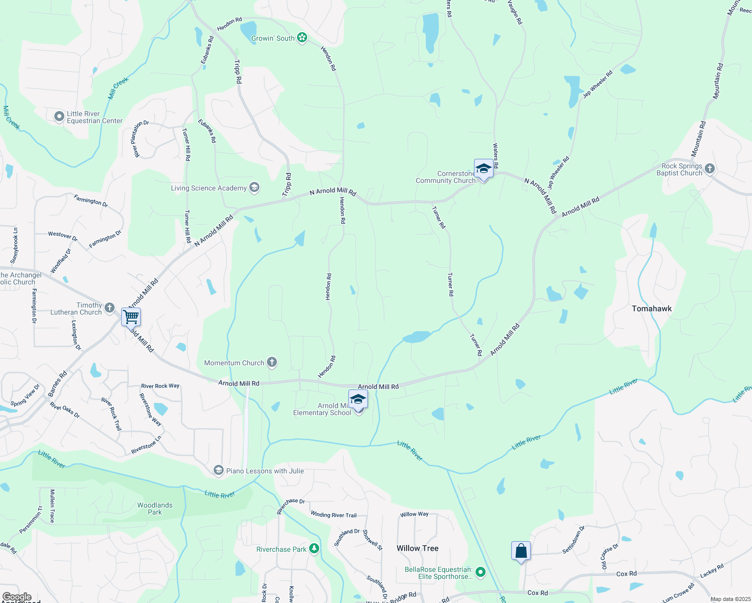 map of restaurants, bars, coffee shops, grocery stores, and more near 124 Hunters Mill Road in Woodstock