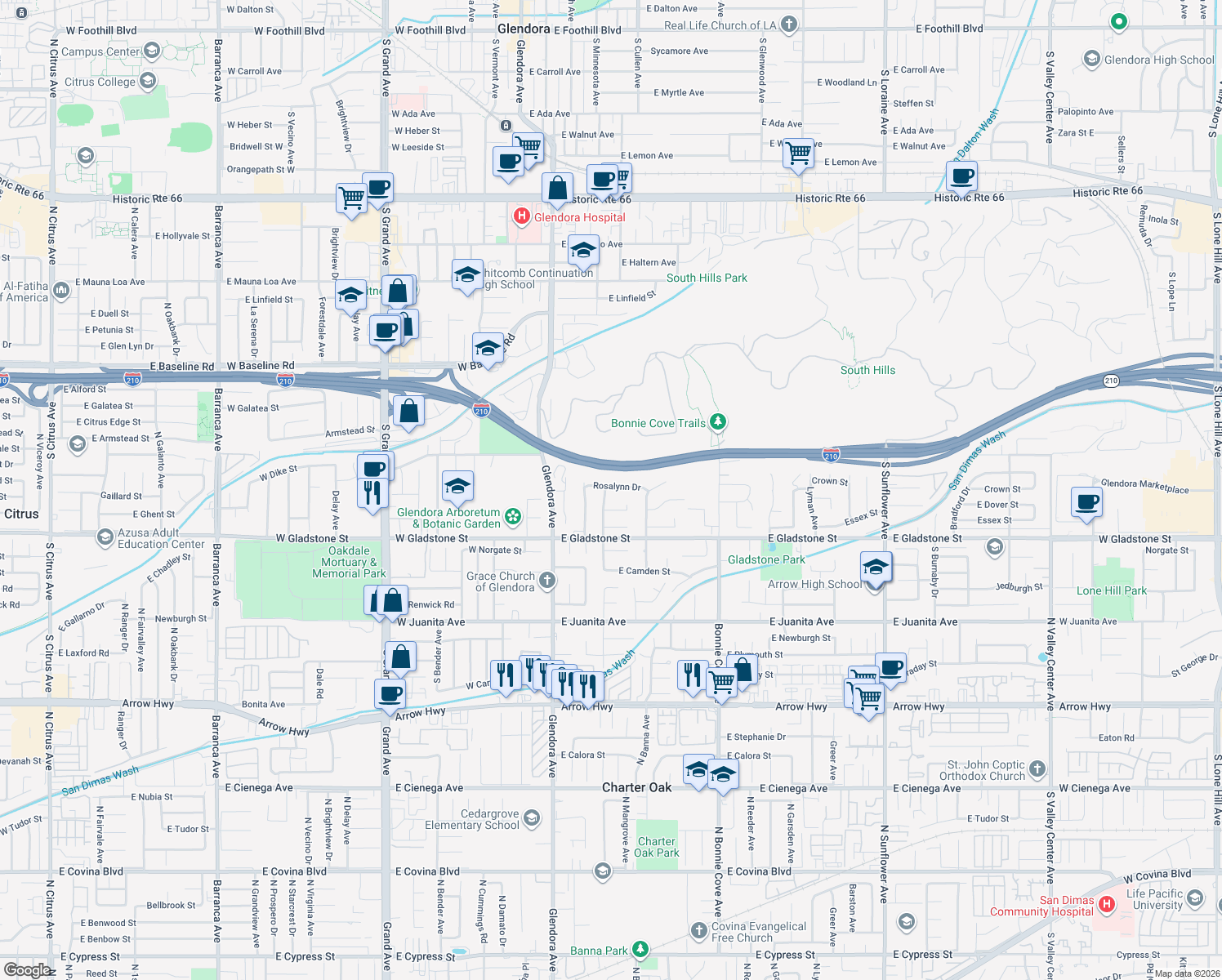 map of restaurants, bars, coffee shops, grocery stores, and more near 1300 South Rimhurst Avenue in Glendora