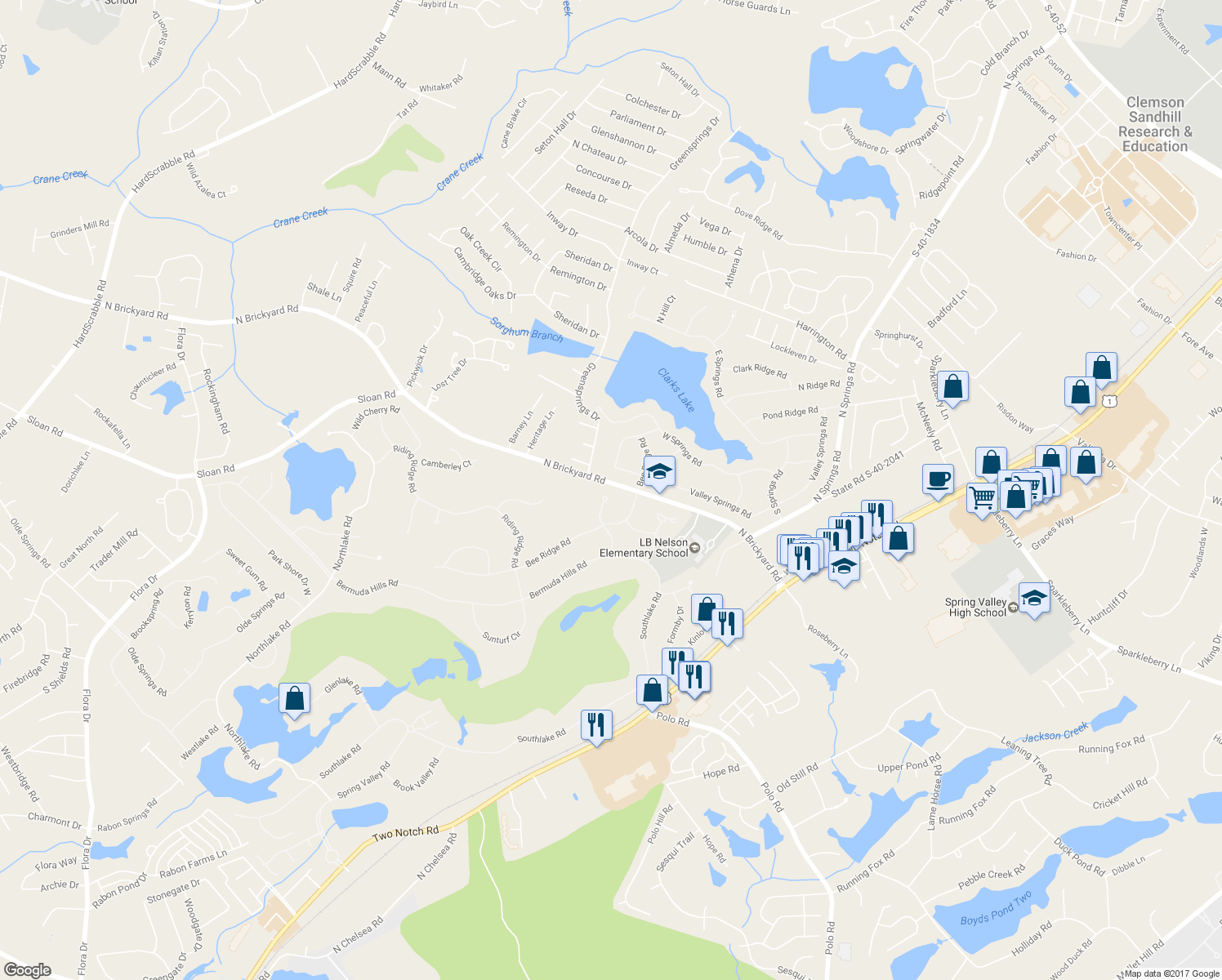 map of restaurants, bars, coffee shops, grocery stores, and more near 2224 Westbranch Road in Columbia
