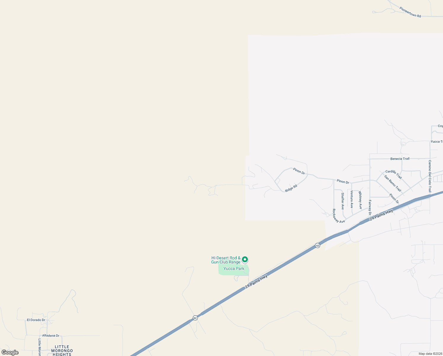 map of restaurants, bars, coffee shops, grocery stores, and more near 53560 San Jacinto Road in Yucca Valley