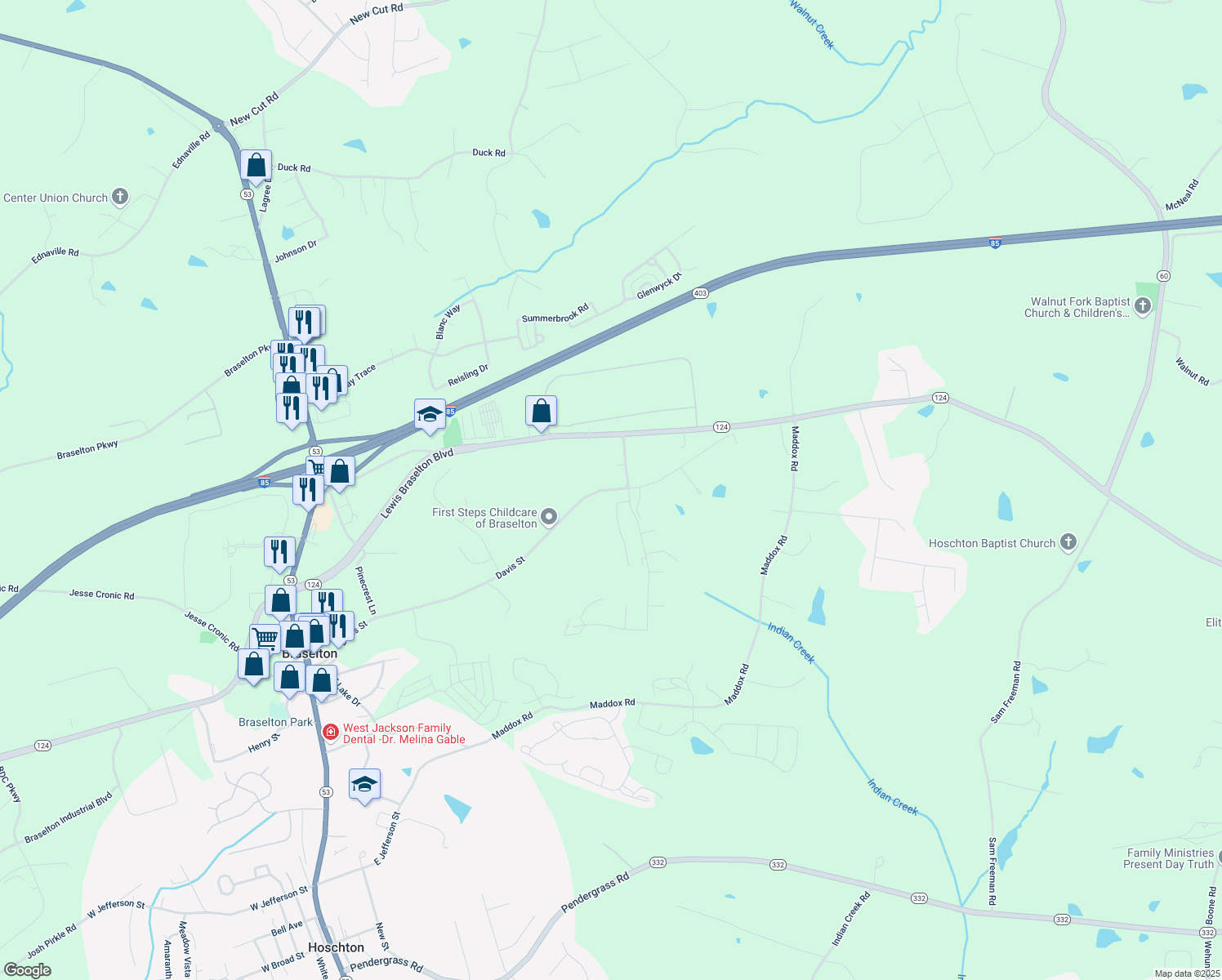 map of restaurants, bars, coffee shops, grocery stores, and more near 8817 Davis Street in Braselton