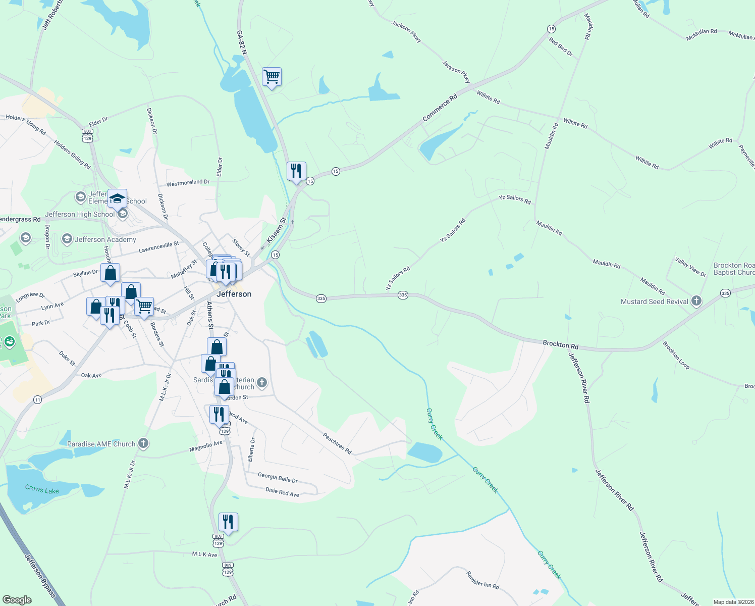 map of restaurants, bars, coffee shops, grocery stores, and more near 612 Danielsville Street in Jefferson