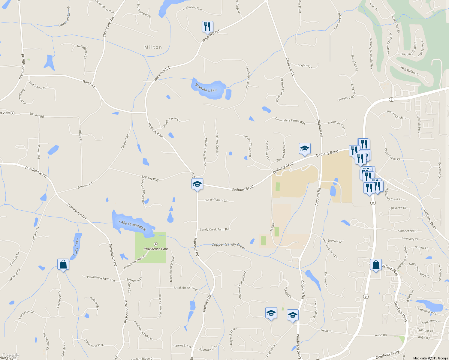 map of restaurants, bars, coffee shops, grocery stores, and more near 2390 Bethany Bend in Alpharetta