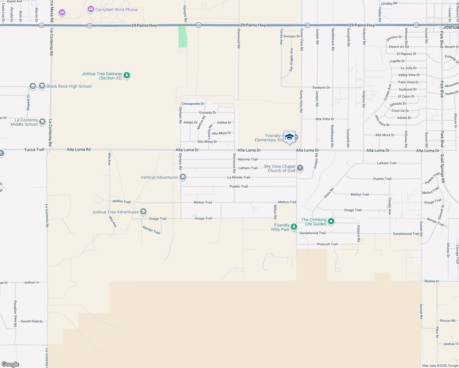 map of restaurants, bars, coffee shops, grocery stores, and more near 60474 Pueblo Trail in Joshua Tree