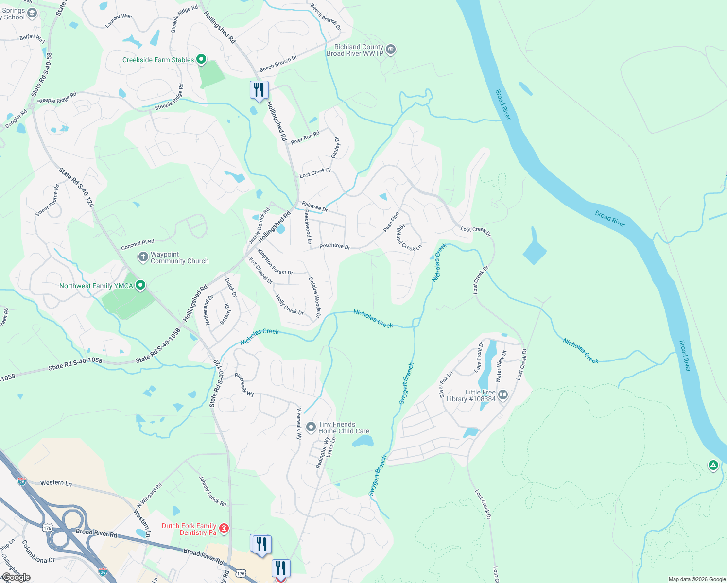 map of restaurants, bars, coffee shops, grocery stores, and more near 120 Moses Hall Drive in Irmo