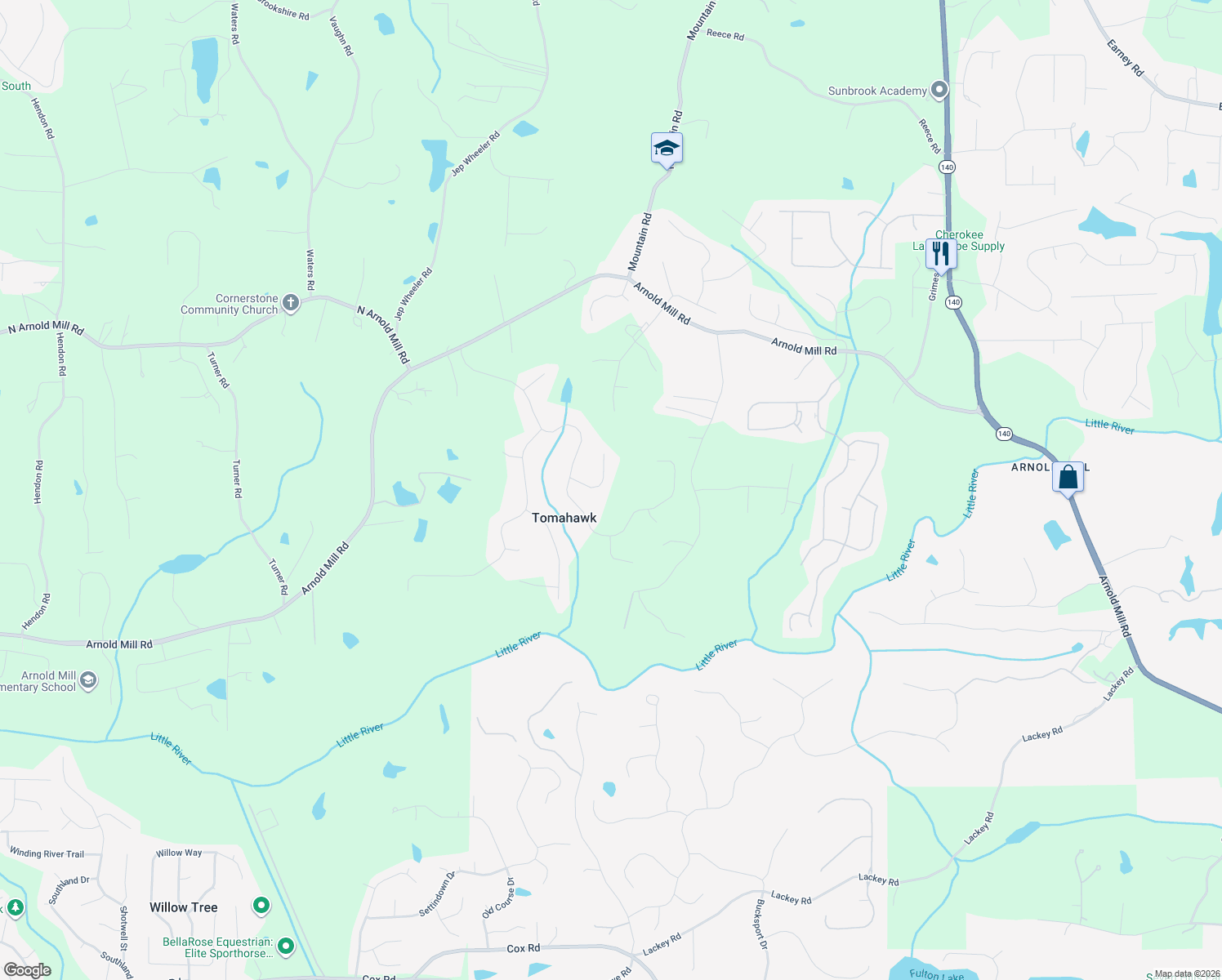 map of restaurants, bars, coffee shops, grocery stores, and more near 506 Chieftain Court in Woodstock