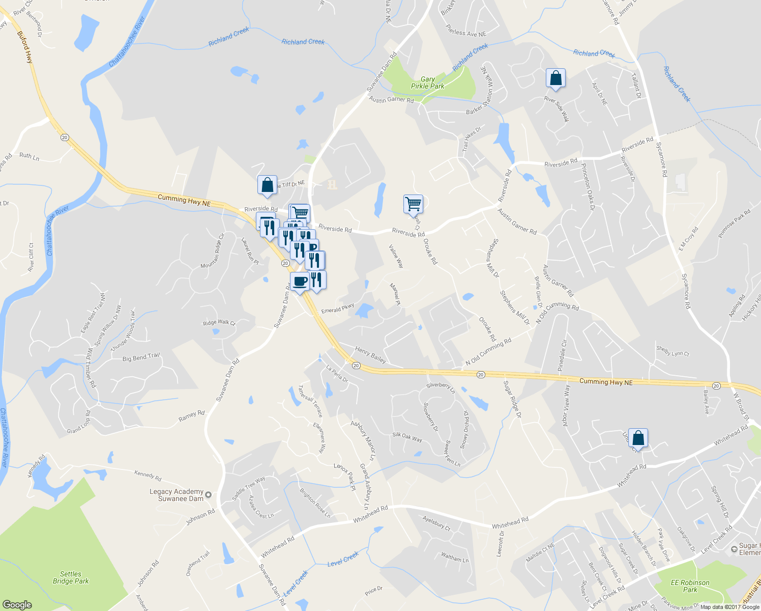 map of restaurants, bars, coffee shops, grocery stores, and more near 464 Emerald Lake Lane in Sugar Hill
