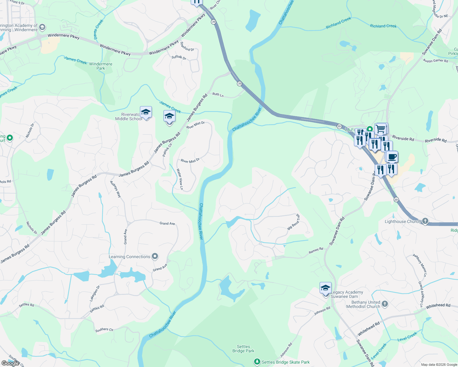 map of restaurants, bars, coffee shops, grocery stores, and more near 6003 Wild River View in Sugar Hill
