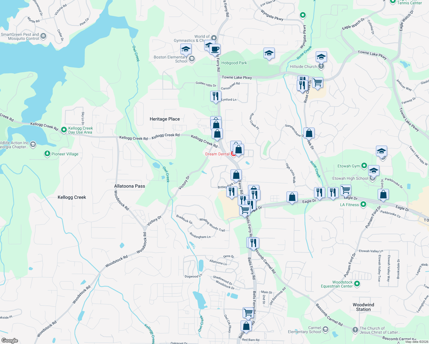 map of restaurants, bars, coffee shops, grocery stores, and more near 1138 Britley Park Lane in Woodstock
