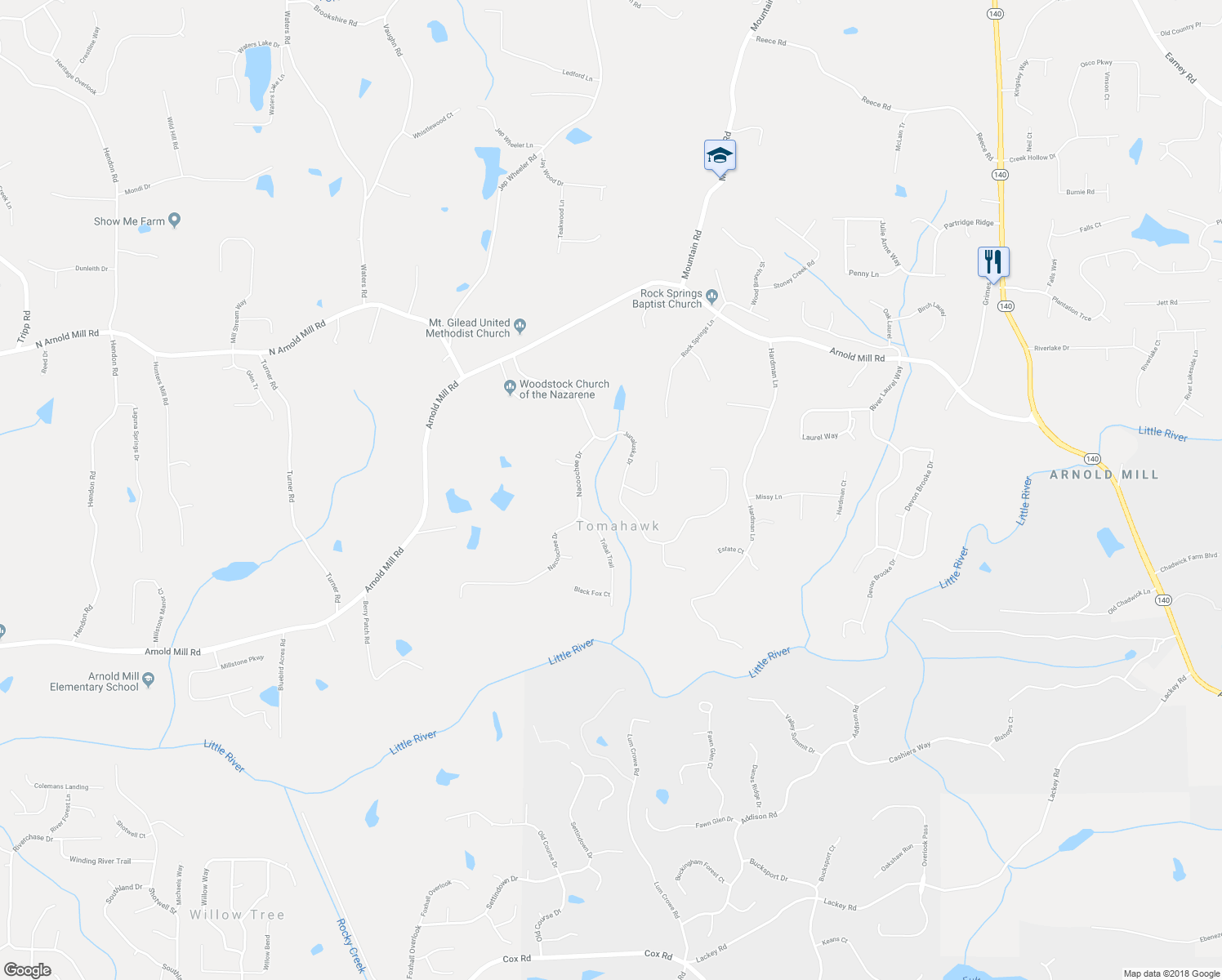 map of restaurants, bars, coffee shops, grocery stores, and more near 132 Junaluska Drive in Woodstock