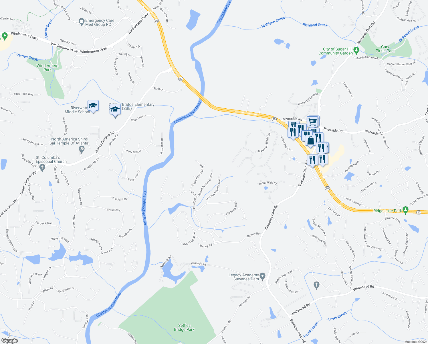 map of restaurants, bars, coffee shops, grocery stores, and more near 451 Spring Willow Drive Northwest in Sugar Hill