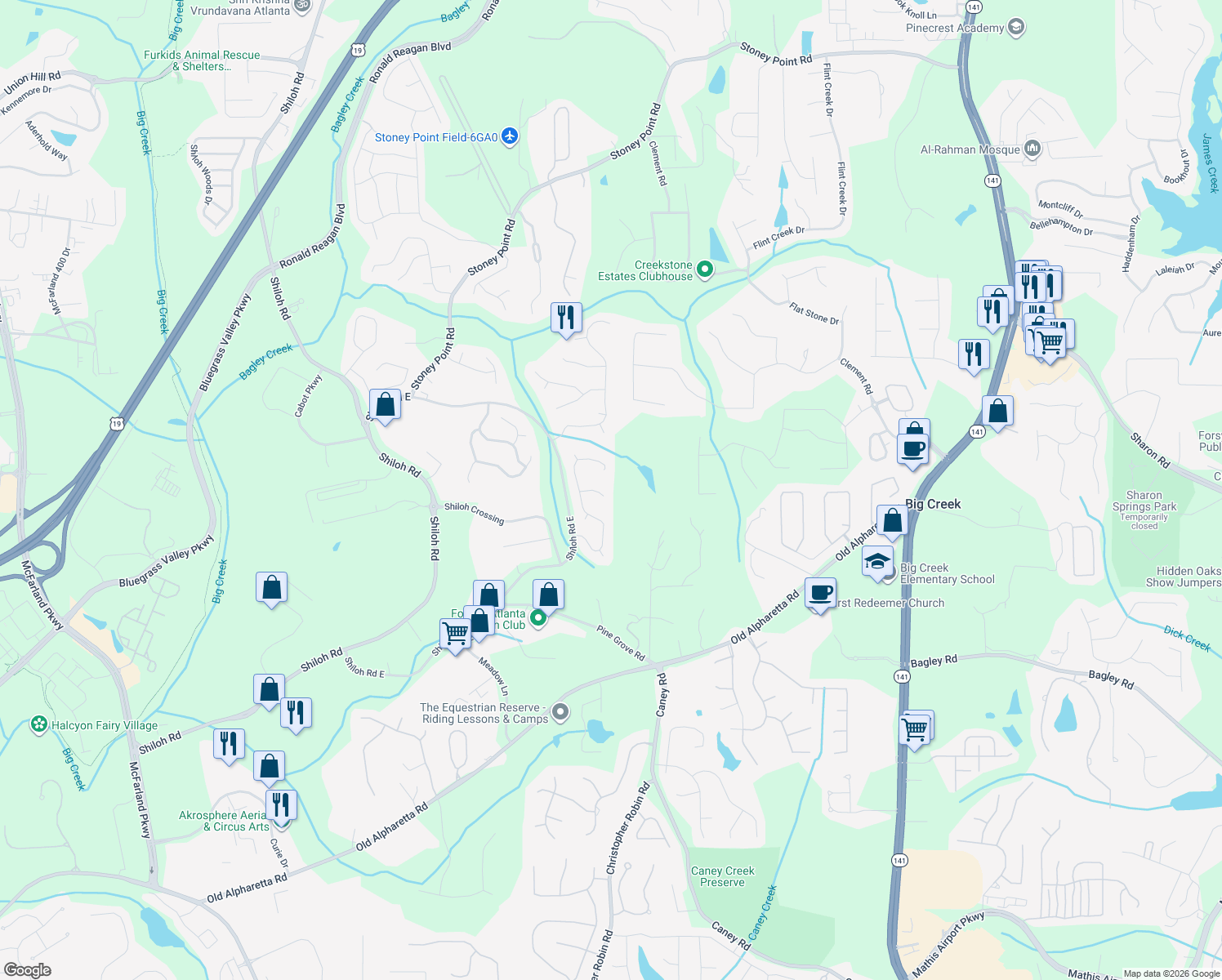 map of restaurants, bars, coffee shops, grocery stores, and more near 6895 Ridgefield Drive in Alpharetta