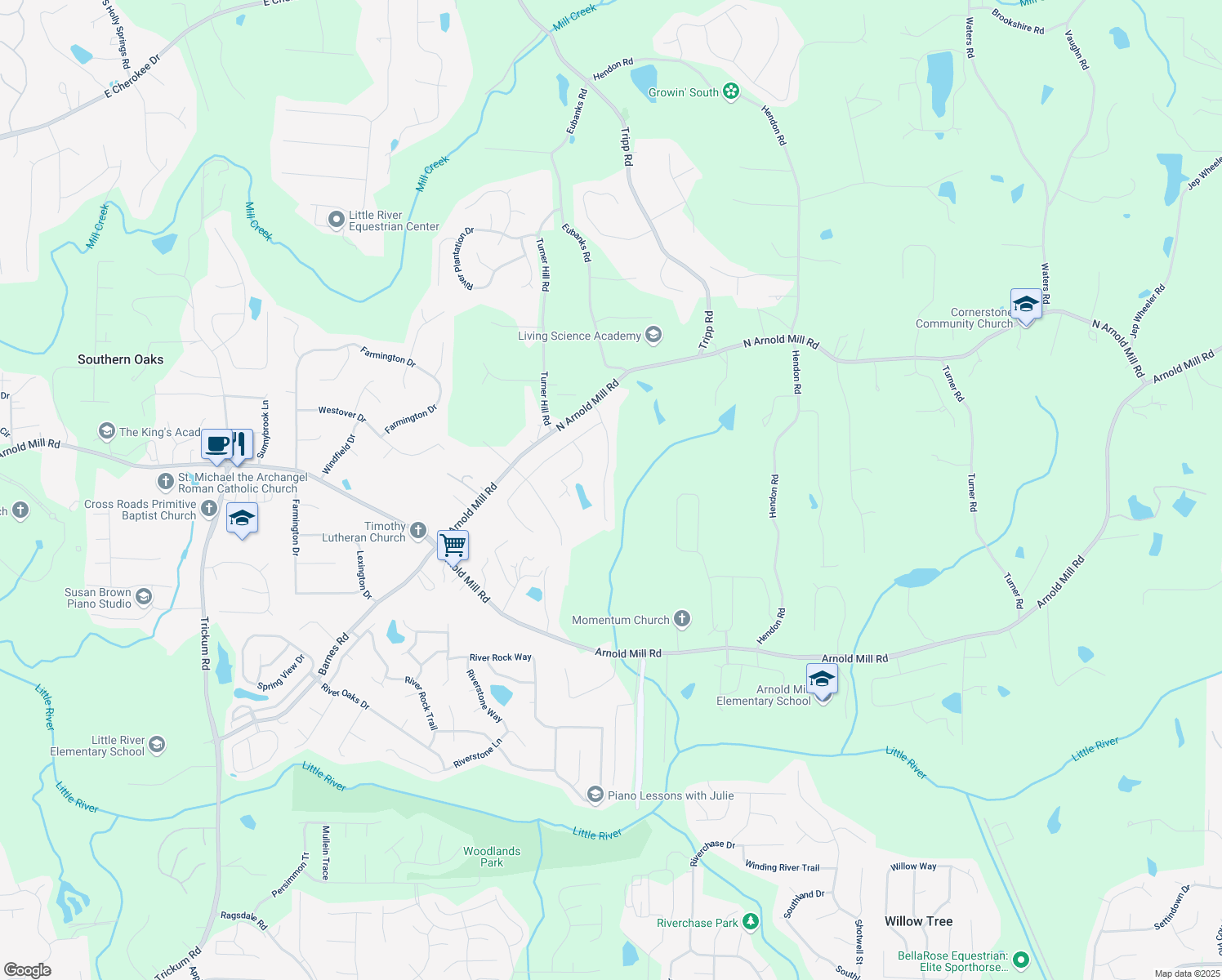 map of restaurants, bars, coffee shops, grocery stores, and more near 225 Sundance Drive in Woodstock