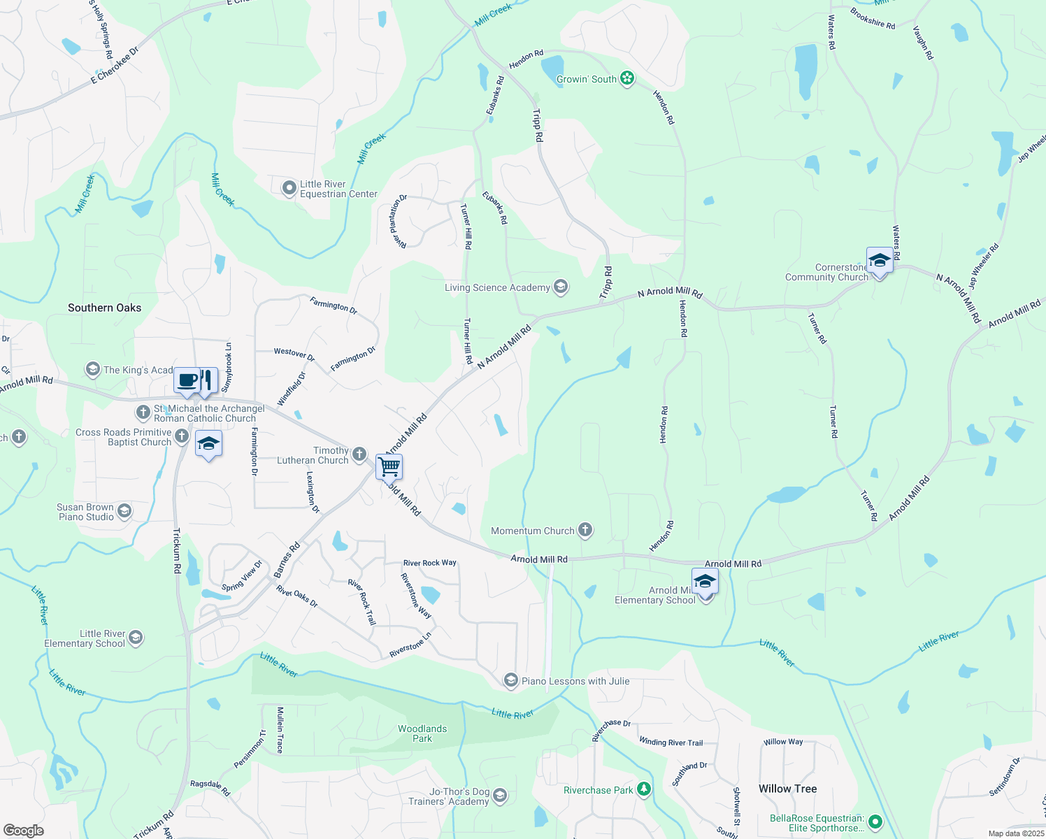 map of restaurants, bars, coffee shops, grocery stores, and more near 225 Sundance Drive in Woodstock