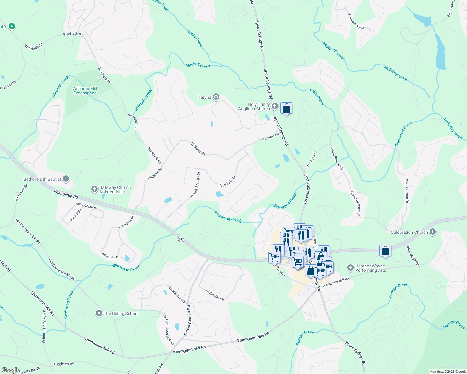 map of restaurants, bars, coffee shops, grocery stores, and more near 7332 Clubcrest Drive in Flowery Branch